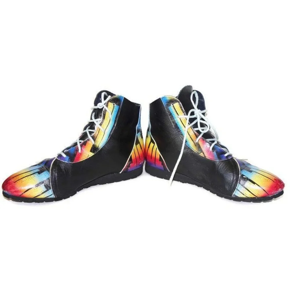 Vintage Ankle Boots Airbrushed City Skyline Painted Booties Black Leather - Picture 4 of 10